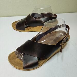 Birkenstock Papillio Sz40/260 Brown leather Samira Ring Buckle Wedge Heel Sandle